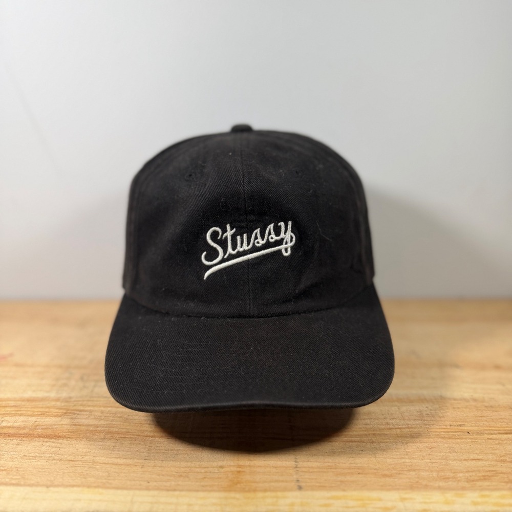 Stussy Baseball Cap Mens OS Black Script Logo Cotton Leather Strapback Hat
